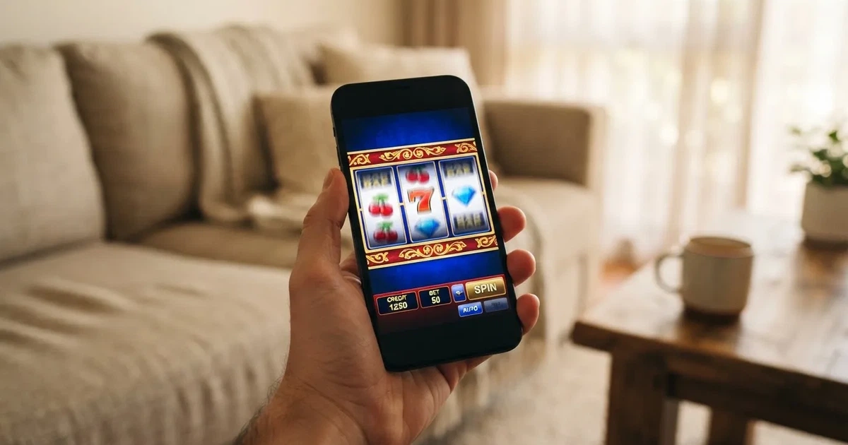 A hand holds a smartphone with an app icon grid visible on the home screen, thumb hovering over the display.