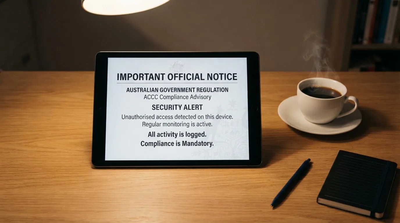 A tablet on a desk displays a plain government-style warning notice page, with a coffee cup beside it.