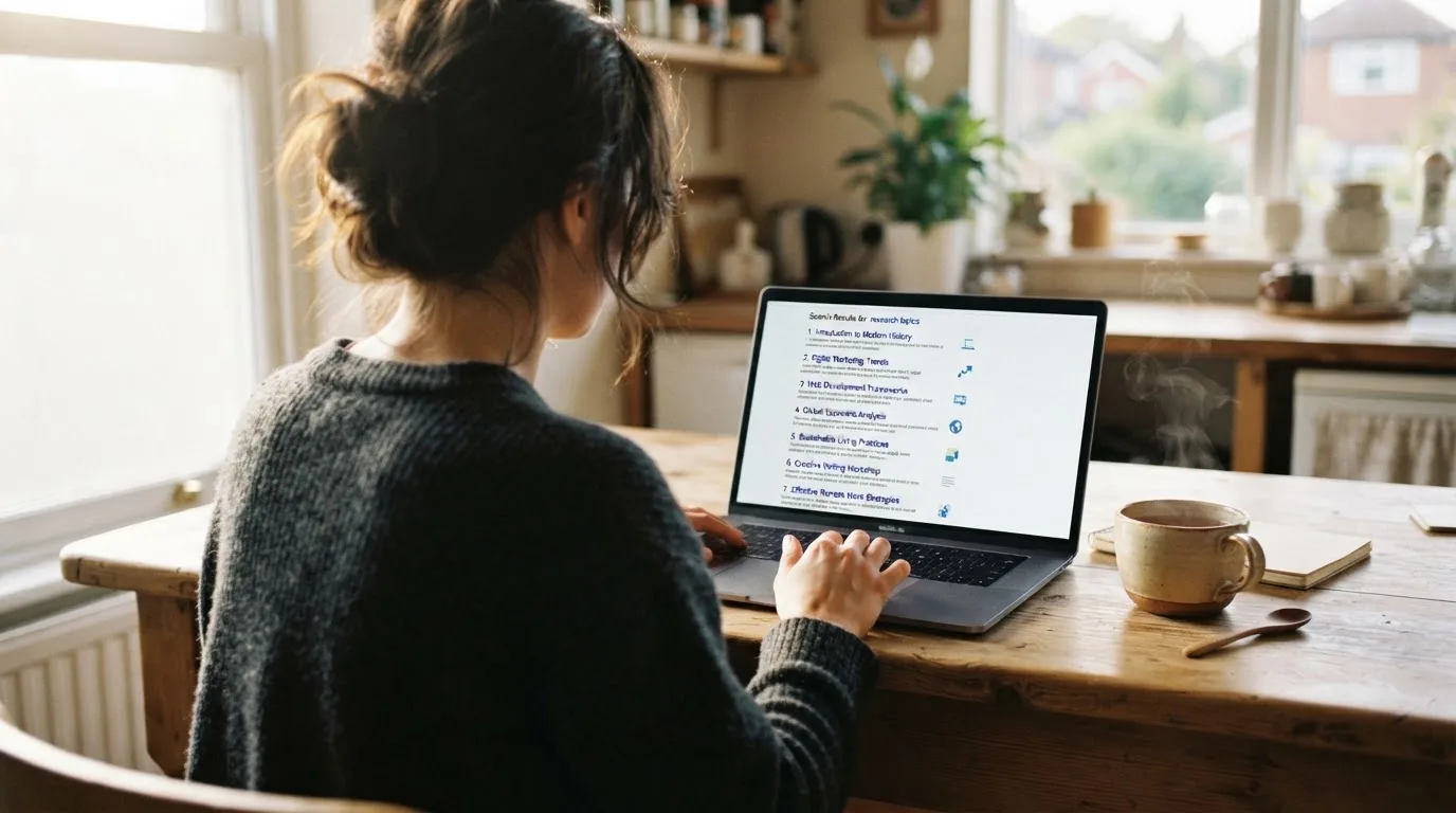 A person sits at a kitchen table, scrolling a laptop showing a general search results page about pokies apps.