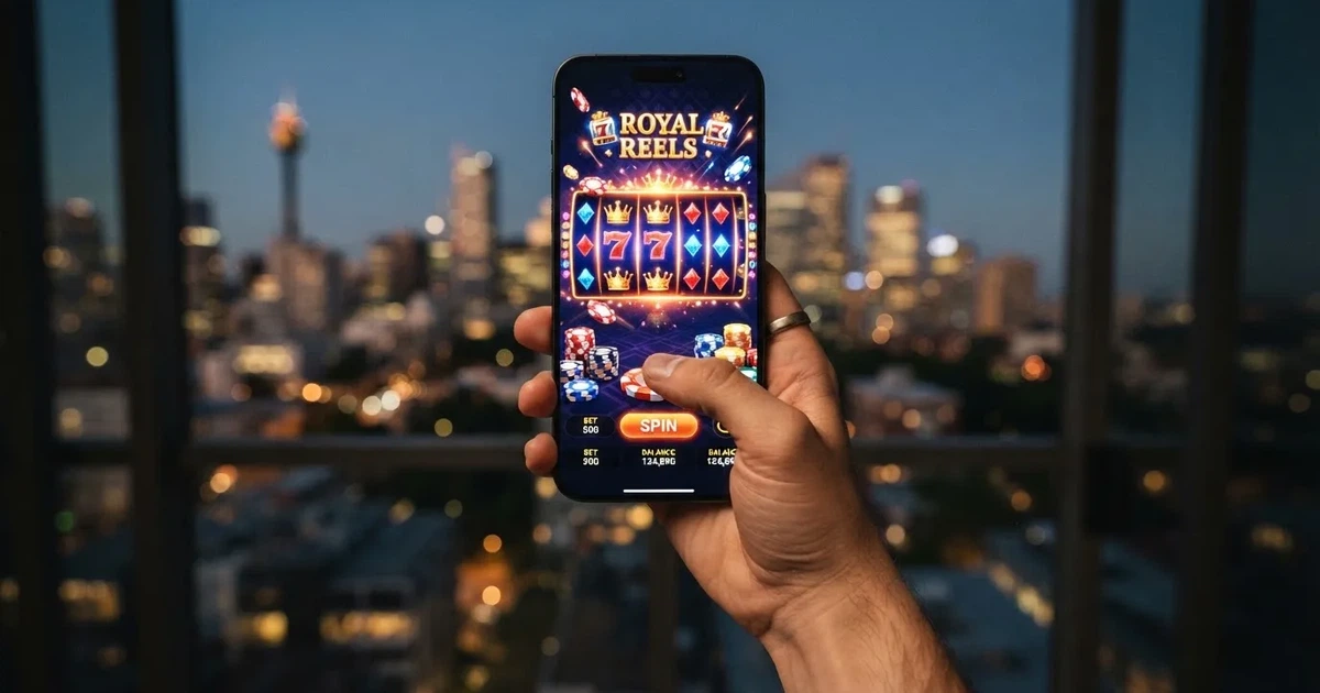 A hand holds a smartphone with an app icon grid visible on the home screen, thumb hovering over the display.