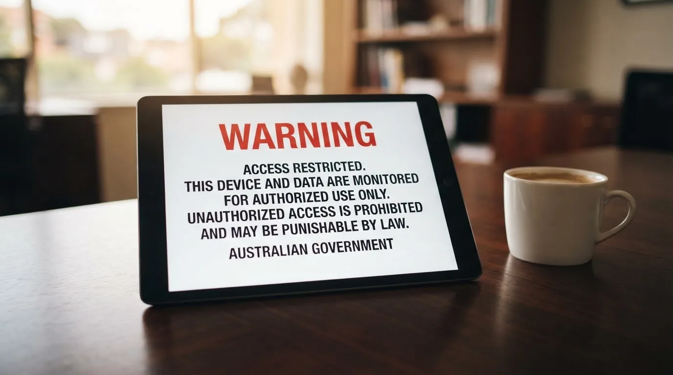 A tablet on a desk displays a plain government-style warning notice page, with a coffee cup beside it.
