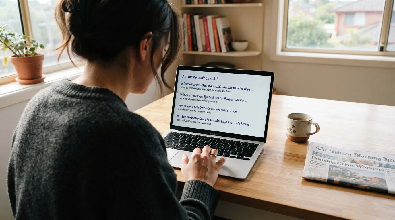 A person sits at a kitchen table, scrolling a laptop showing a general search results page about casino safety claims.