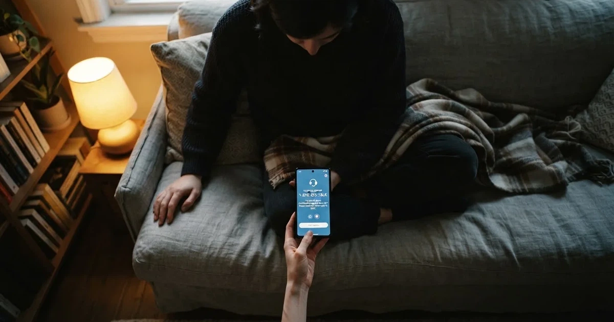 A person looks at a support-helpline page on a phone while sitting alone on a sofa.