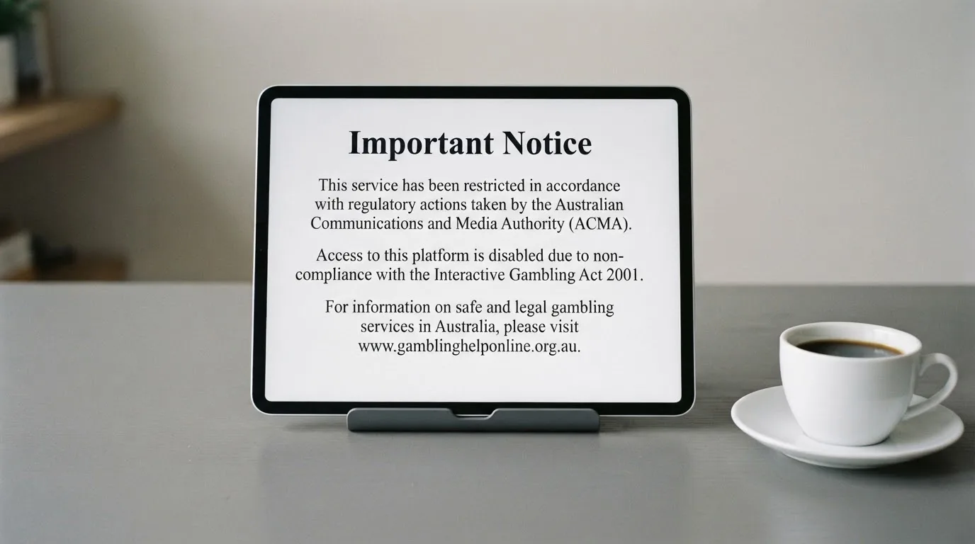 A tablet on a desk displays a plain government-style warning notice page, with a coffee cup beside it.