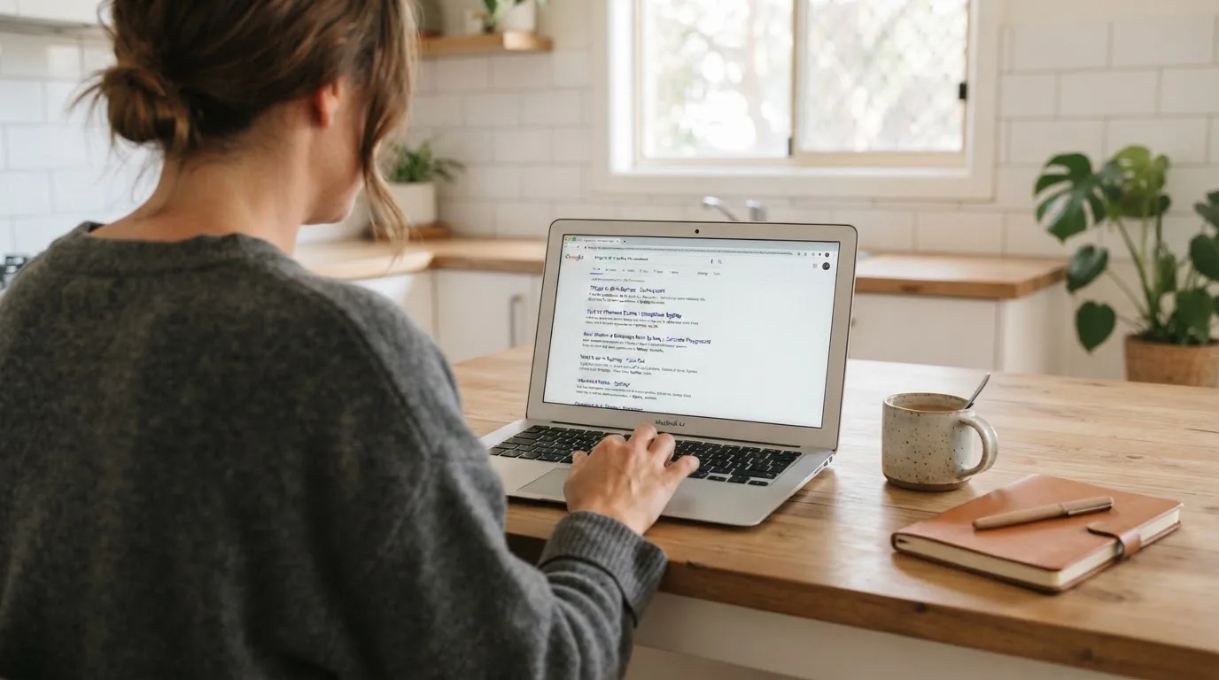 A person sits at a kitchen table, scrolling a laptop showing a general search results page about pokies safety claims.
