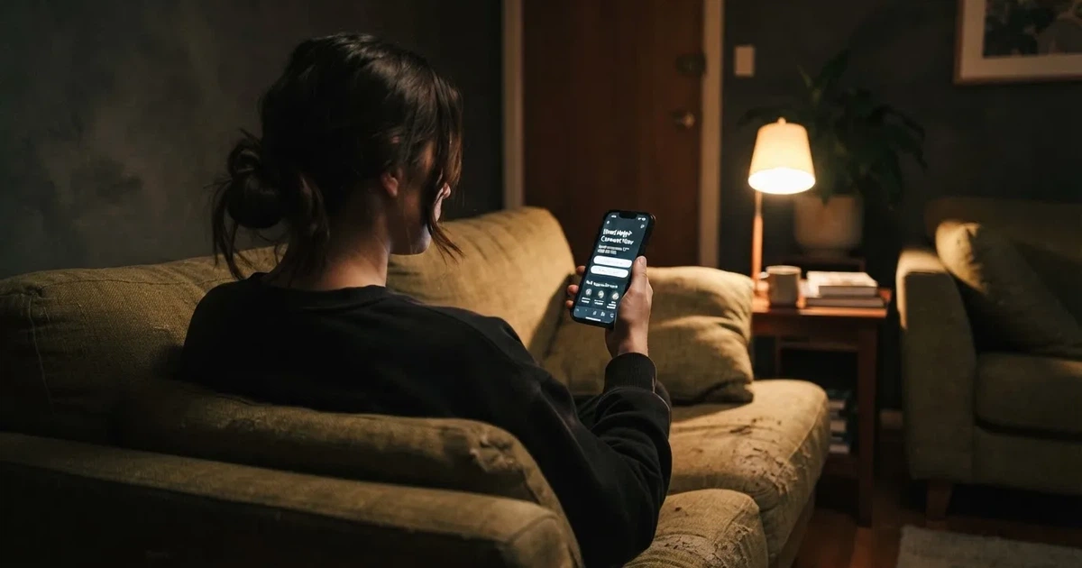 A person looks at a support-helpline page on a phone while sitting alone on a sofa.