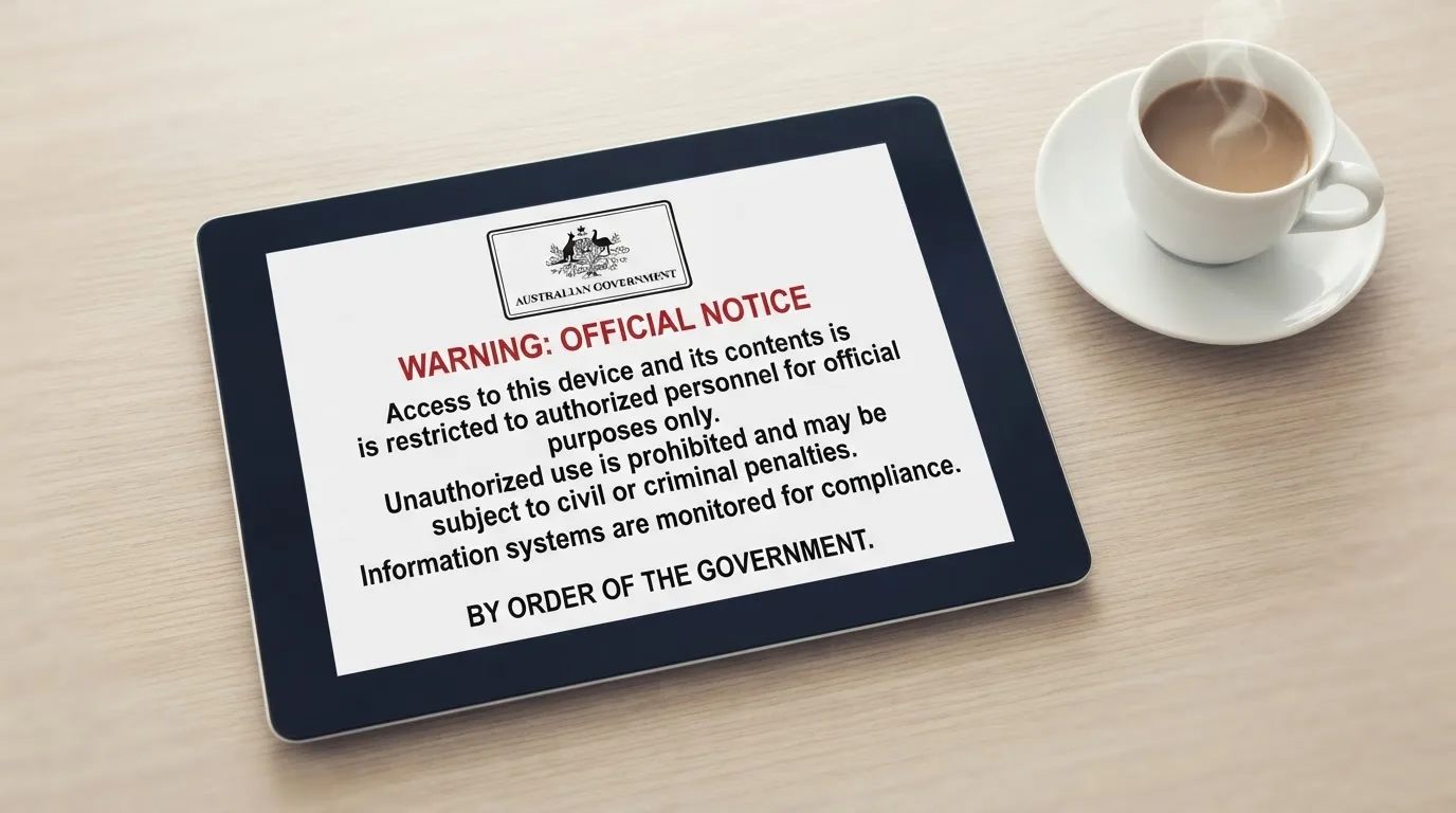 A tablet on a desk displays a plain government-style warning notice page, with a coffee cup beside it.