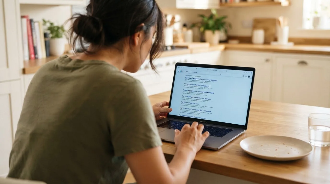 A person sits at a kitchen table, scrolling a laptop showing a general search results page about payout speed claims.