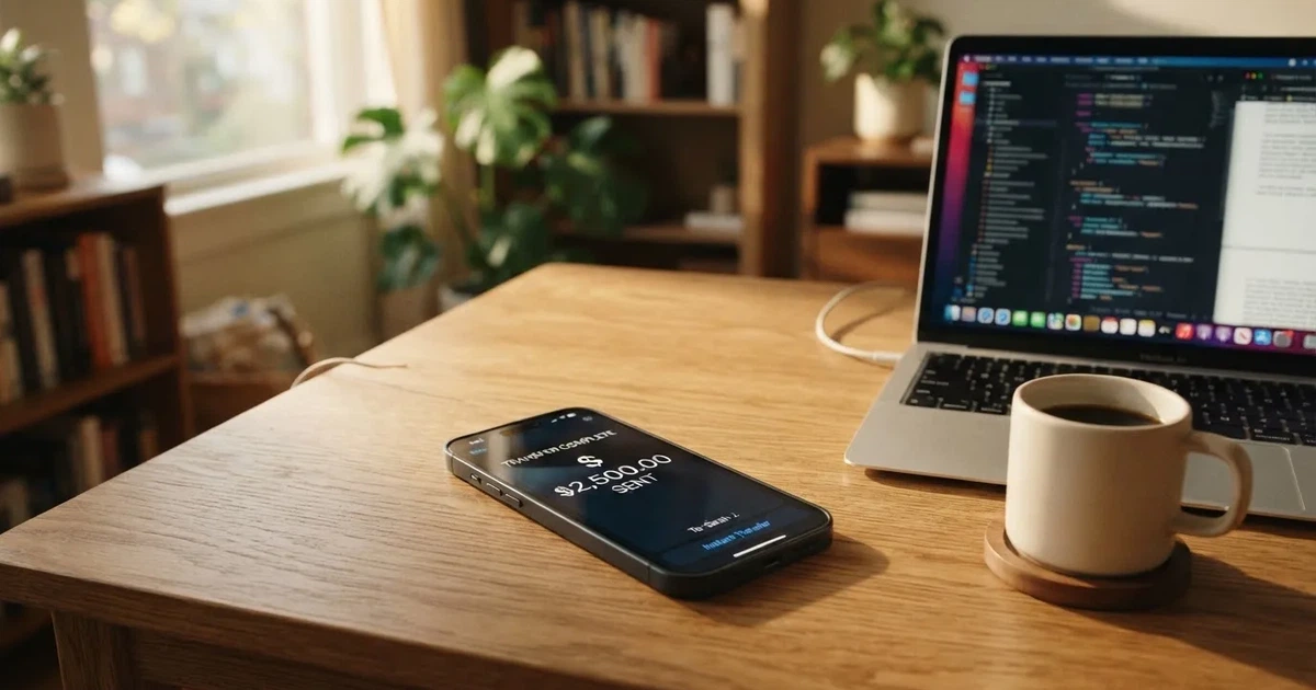 Close-up of a smartphone banking app open beside a laptop on a home desk, mid-transfer.