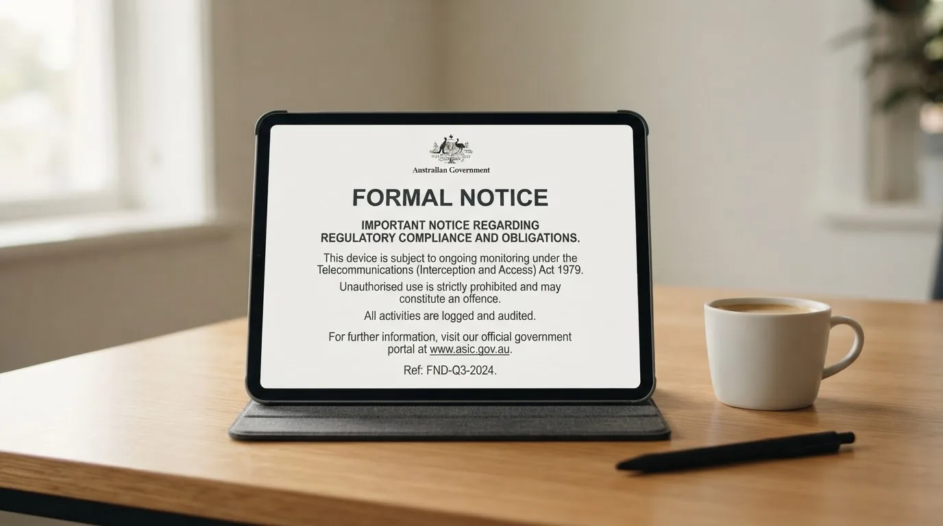 A tablet on a desk displays a plain government-style warning notice page, with a coffee cup beside it.