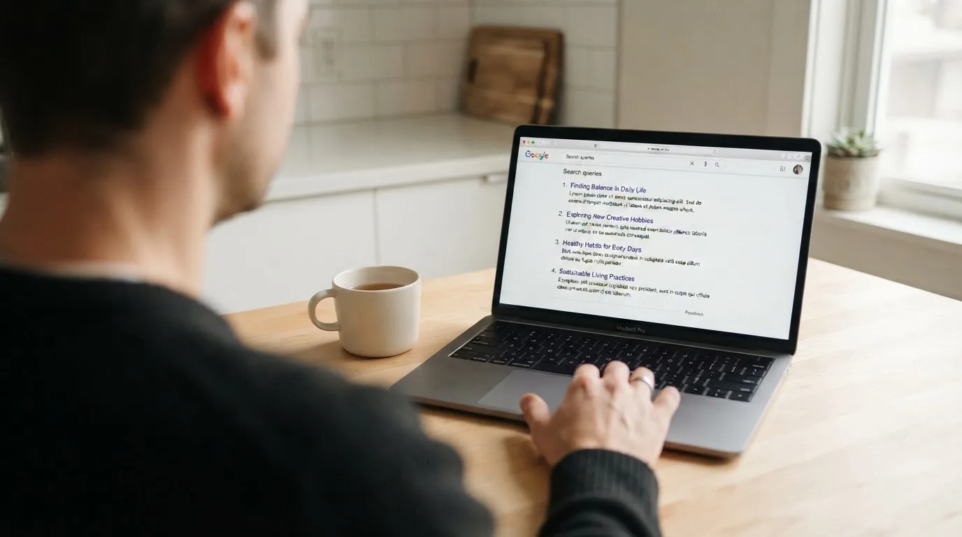 A person sits at a kitchen table, scrolling a laptop showing a general search results page about crypto casino comparisons.