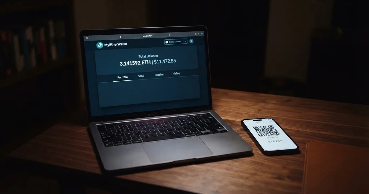 A laptop screen shows a cryptocurrency wallet balance next to a phone displaying a QR code, on a desk at night.