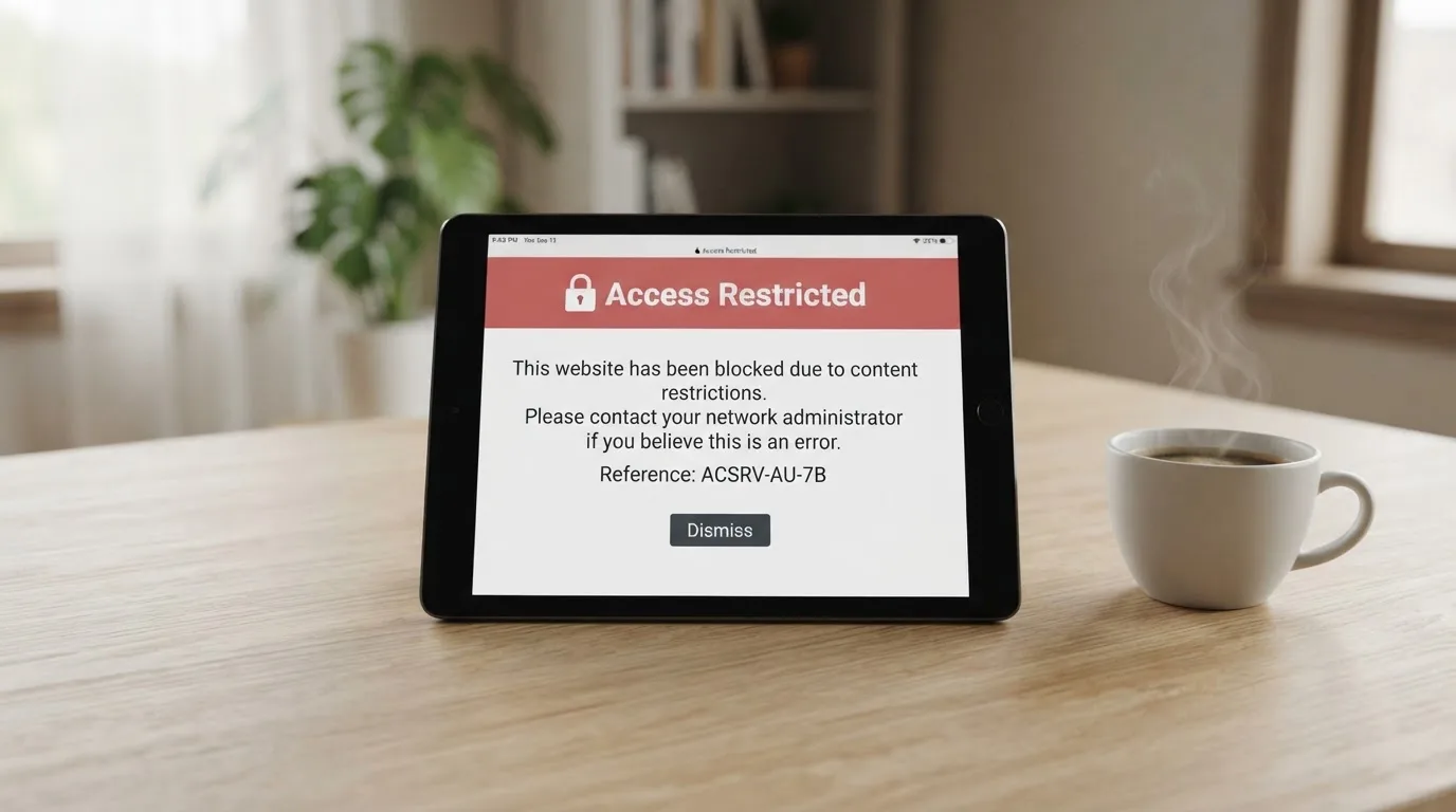 A tablet on a desk displays a plain government-style warning notice page, with a coffee cup beside it.