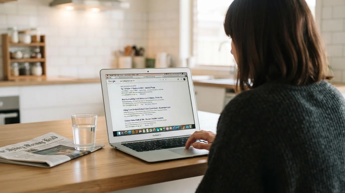 A person sits at a kitchen table, scrolling a laptop showing a general search results page about casino rankings.