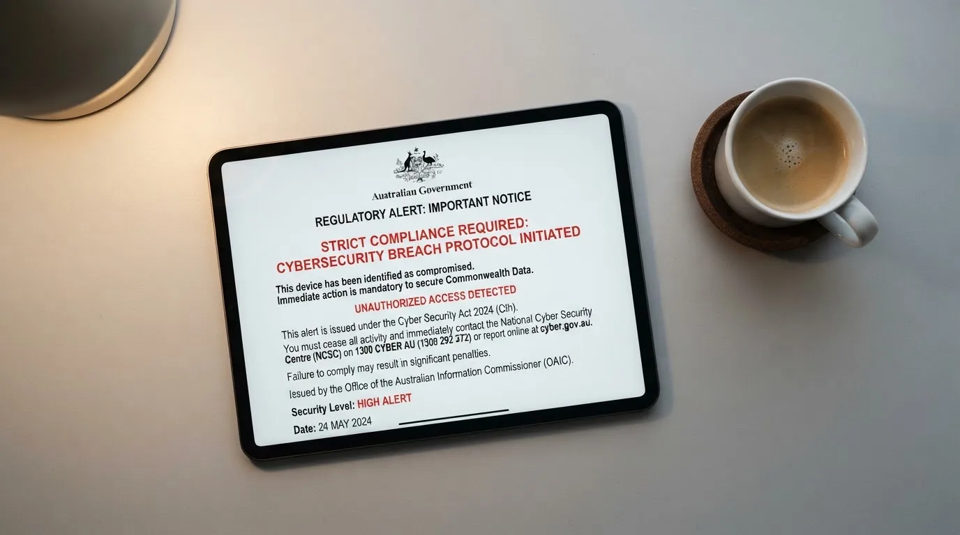 A tablet on a desk displays a plain government-style warning notice page, with a coffee cup beside it.