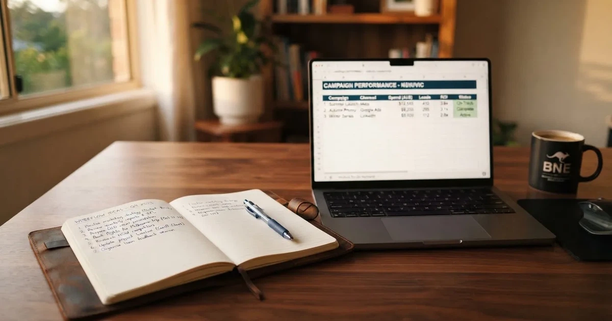 A notepad with a handwritten numbered list sits next to an open laptop showing a comparison table.