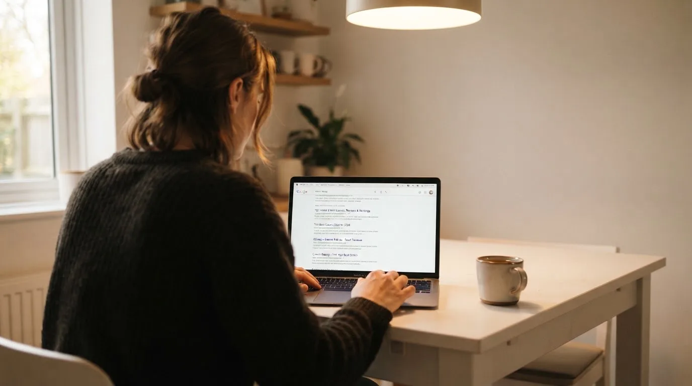 A person sits at a kitchen table, scrolling a laptop showing a general search results page about casino ratings.
