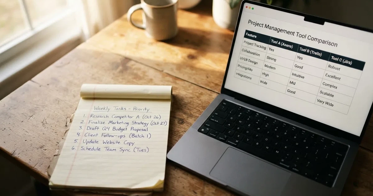 A notepad with a handwritten numbered list sits next to an open laptop showing a comparison table.