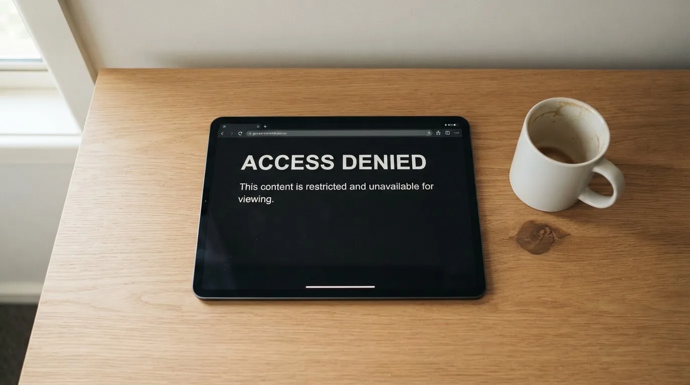 A tablet on a desk displays a plain government-style warning notice page, with a coffee cup beside it.