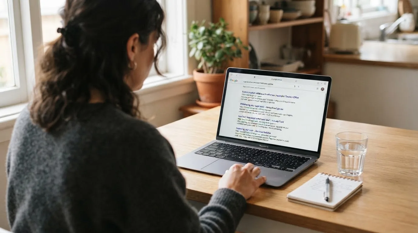 A person sits at a kitchen table, scrolling a laptop showing a general search results page about withdrawal timeframes.