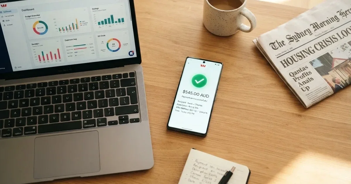 Close-up of a smartphone banking app open beside a laptop on a home desk, mid-transfer.