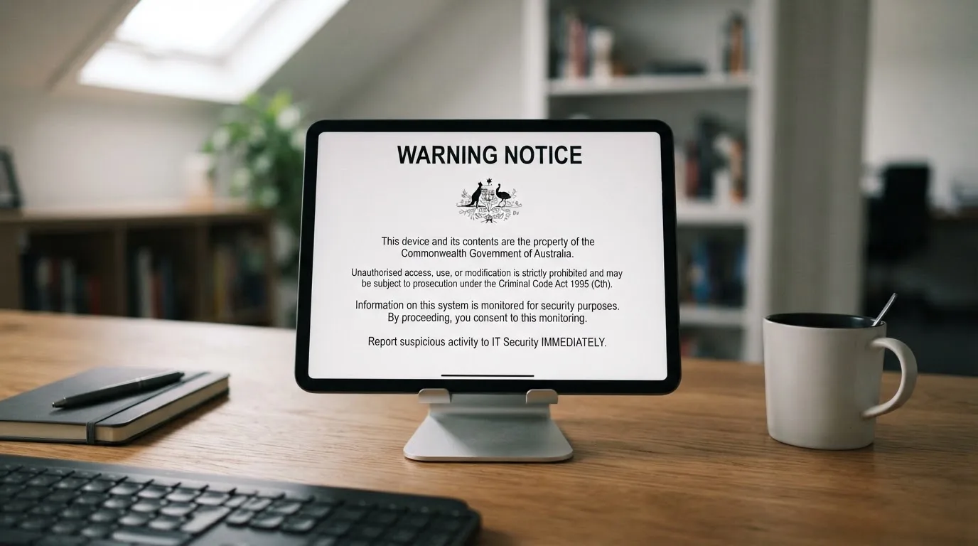 A tablet on a desk displays a plain government-style warning notice page, with a coffee cup beside it.