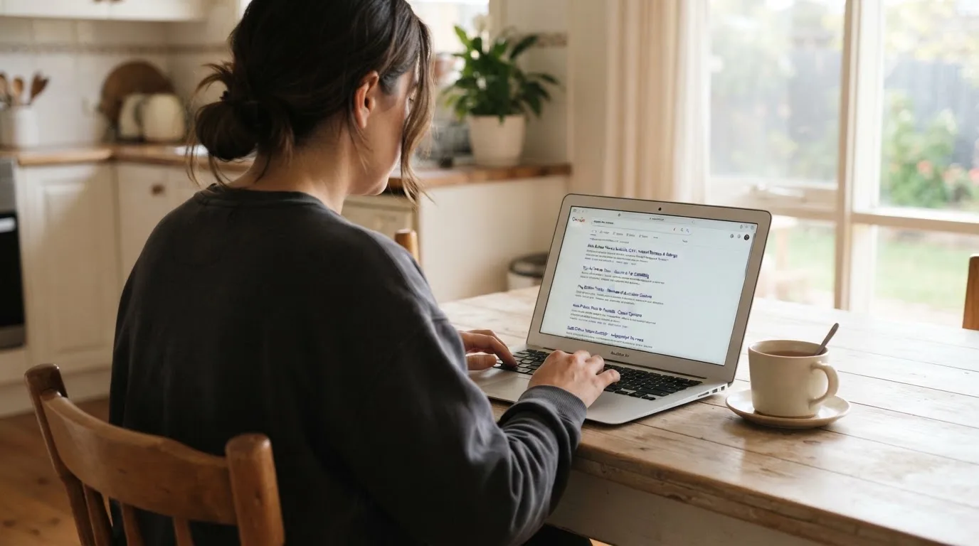 A person sits at a kitchen table, scrolling a laptop showing a general search results page about a review of a pokies site.