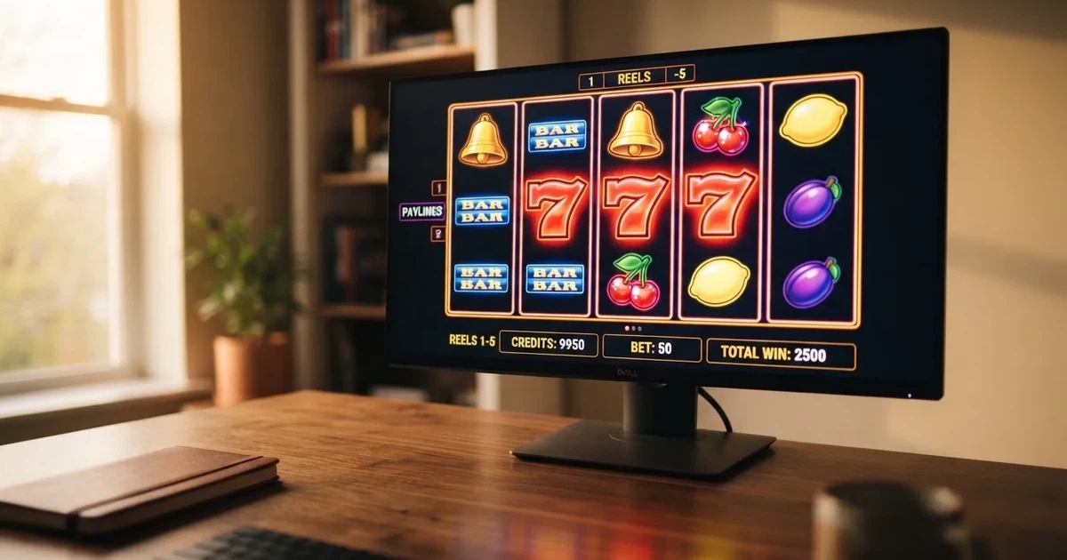 A close-up of a slot reel display shown on a monitor, no other windows open.