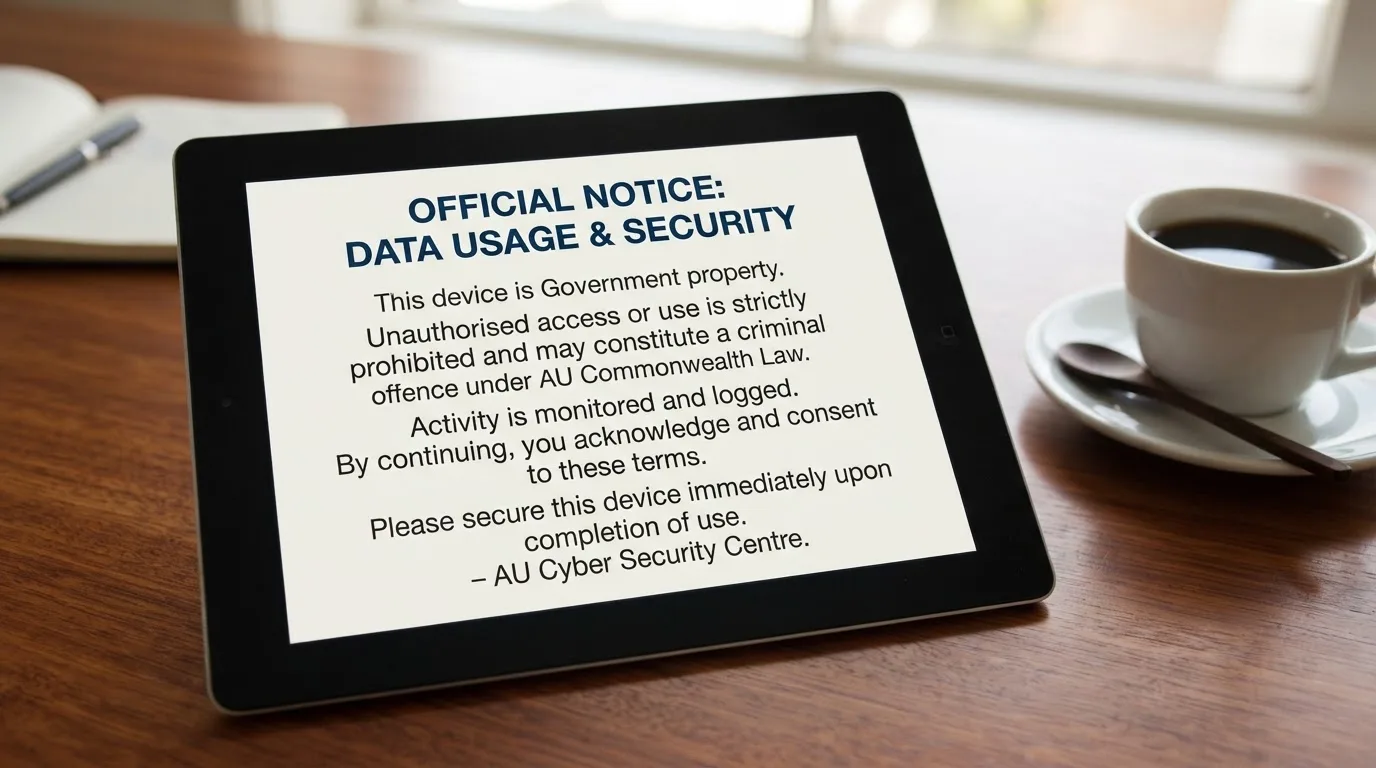A tablet on a desk displays a plain government-style warning notice page, with a coffee cup beside it.