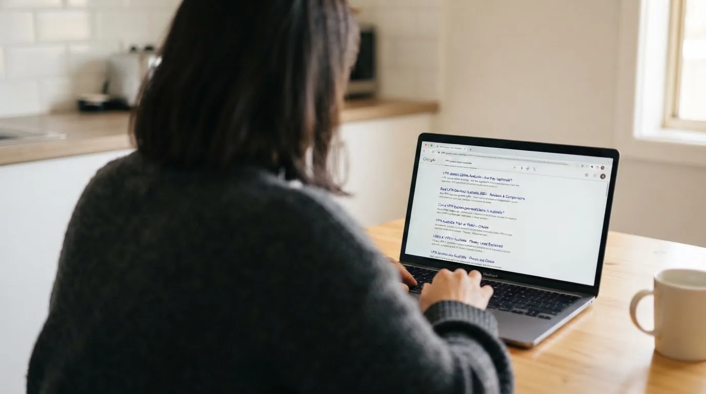 A person sits at a kitchen table, scrolling a laptop showing a general search results page about VPN access claims.
