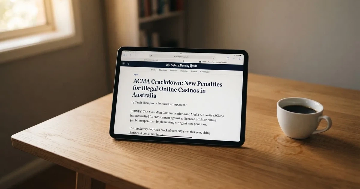 A tablet on a desk displays a plain government-style warning notice page, with a coffee cup beside it.