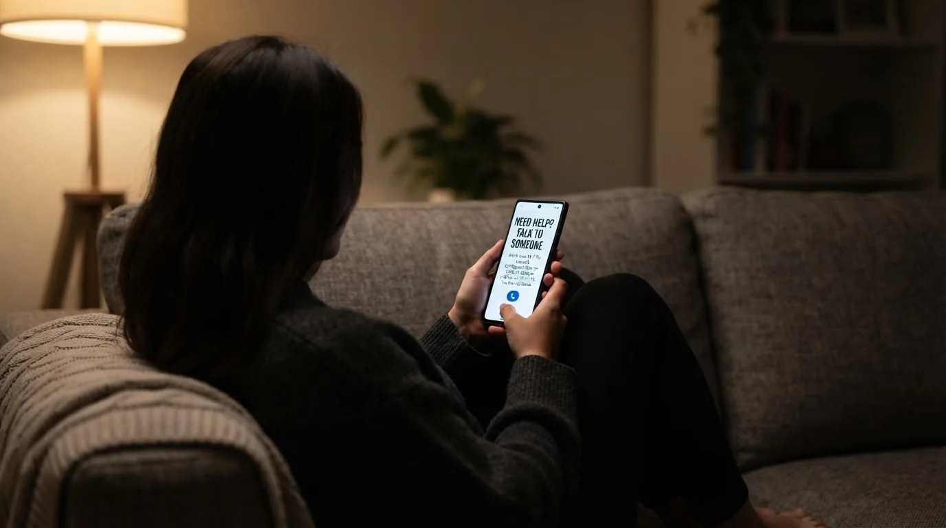 A person looks at a support-helpline page on a phone while sitting alone on a sofa.